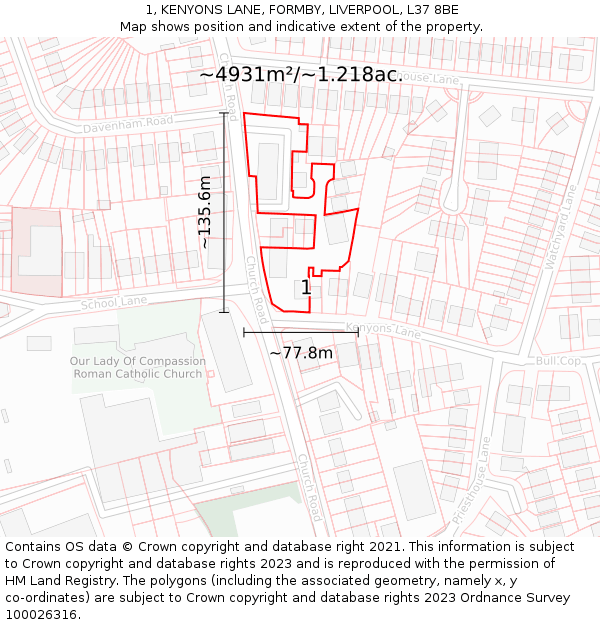 1, KENYONS LANE, FORMBY, LIVERPOOL, L37 8BE: Plot and title map