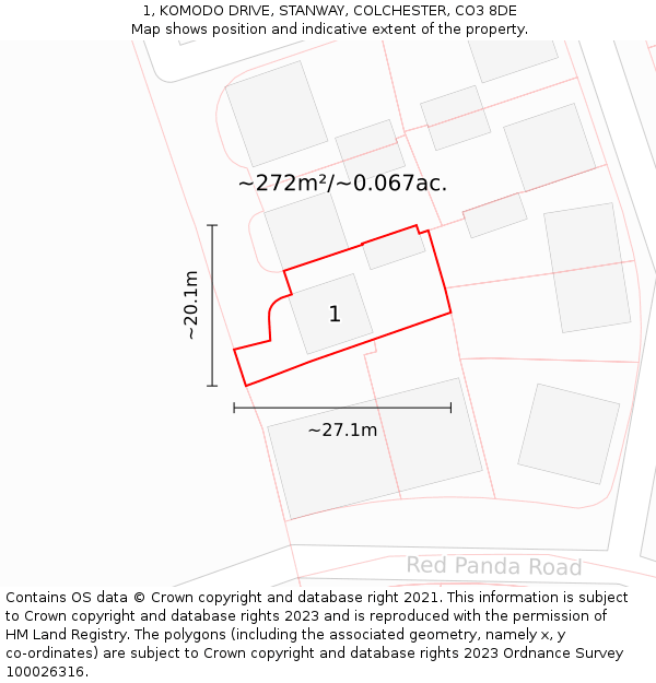 1, KOMODO DRIVE, STANWAY, COLCHESTER, CO3 8DE: Plot and title map