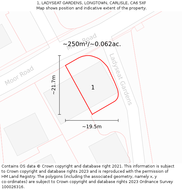 1, LADYSEAT GARDENS, LONGTOWN, CARLISLE, CA6 5XF: Plot and title map