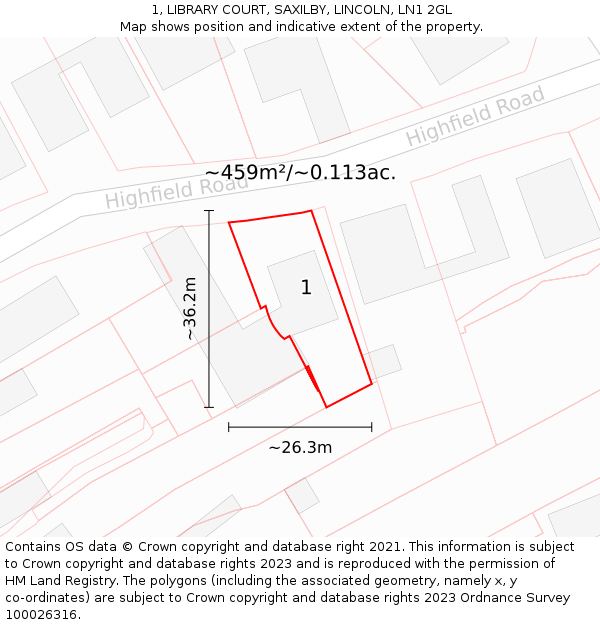 1, LIBRARY COURT, SAXILBY, LINCOLN, LN1 2GL: Plot and title map