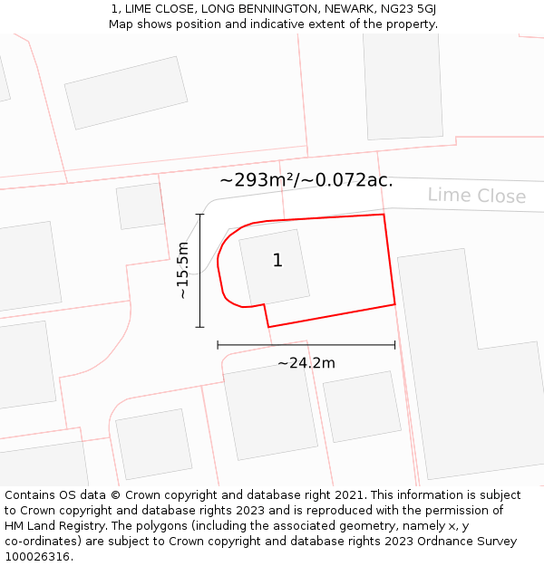 1, LIME CLOSE, LONG BENNINGTON, NEWARK, NG23 5GJ: Plot and title map