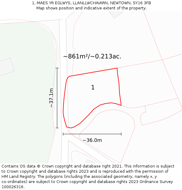 1, MAES YR EGLWYS, LLANLLWCHAIARN, NEWTOWN, SY16 3FB: Plot and title map