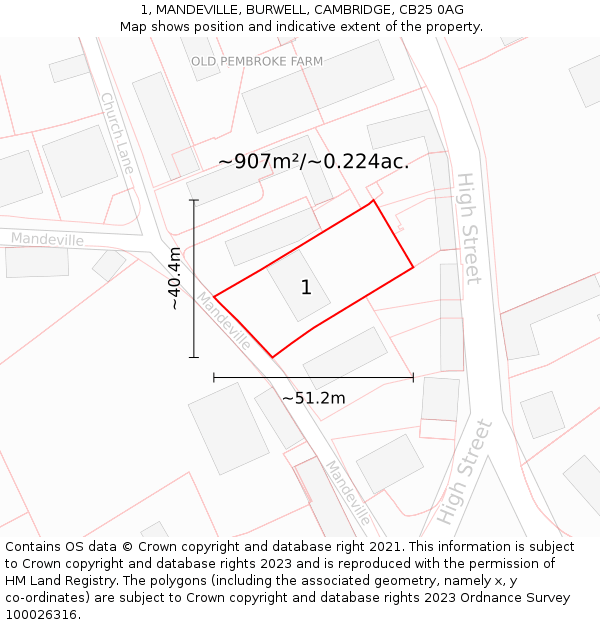 1, MANDEVILLE, BURWELL, CAMBRIDGE, CB25 0AG: Plot and title map