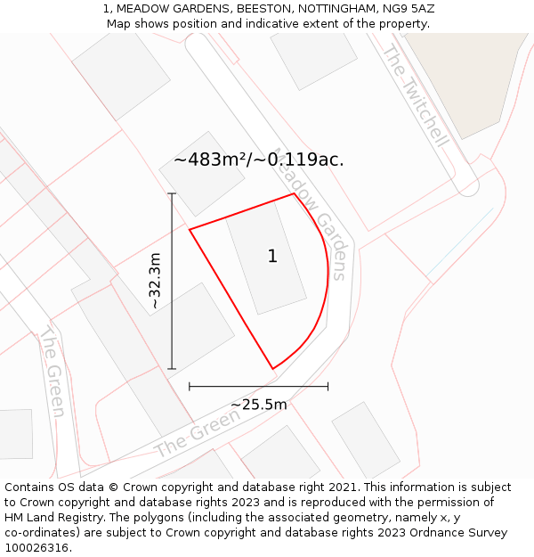 1, MEADOW GARDENS, BEESTON, NOTTINGHAM, NG9 5AZ: Plot and title map