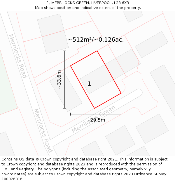 1, MERRILOCKS GREEN, LIVERPOOL, L23 6XR: Plot and title map