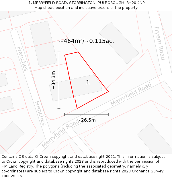 1, MERRYFIELD ROAD, STORRINGTON, PULBOROUGH, RH20 4NP: Plot and title map