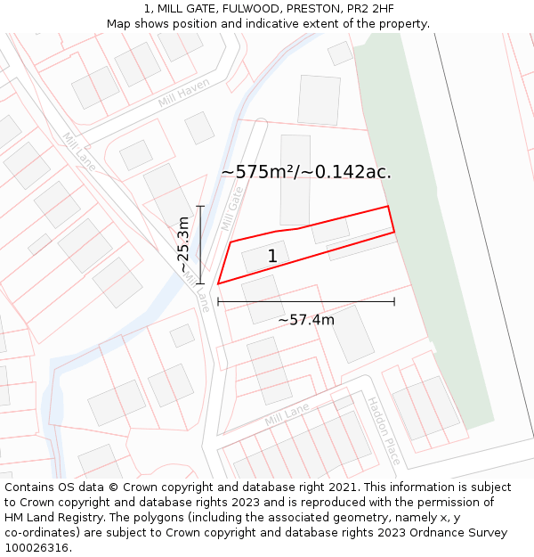 1, MILL GATE, FULWOOD, PRESTON, PR2 2HF: Plot and title map