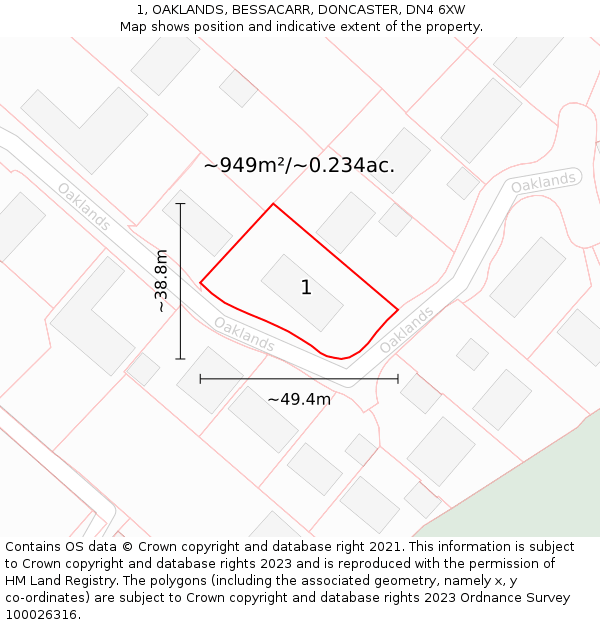 1, OAKLANDS, BESSACARR, DONCASTER, DN4 6XW: Plot and title map