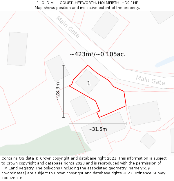 1, OLD MILL COURT, HEPWORTH, HOLMFIRTH, HD9 1HP: Plot and title map