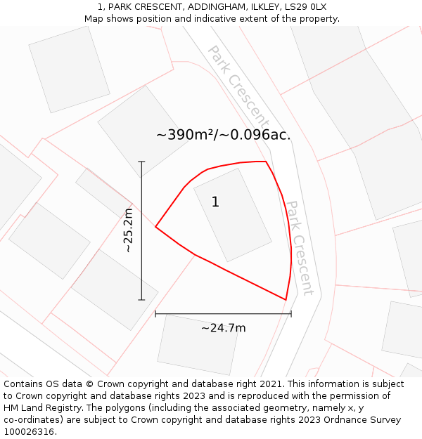 1, PARK CRESCENT, ADDINGHAM, ILKLEY, LS29 0LX: Plot and title map