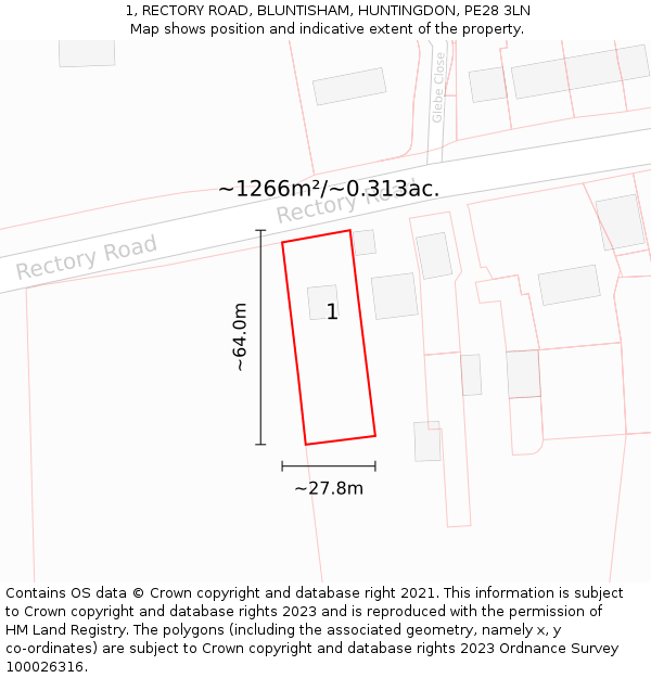 1, RECTORY ROAD, BLUNTISHAM, HUNTINGDON, PE28 3LN: Plot and title map