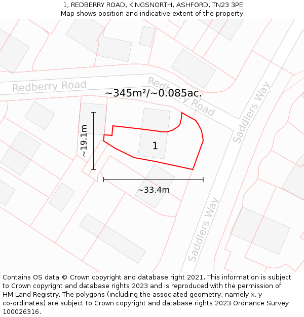 1, REDBERRY ROAD, KINGSNORTH, ASHFORD, TN23 3PE: Plot and title map
