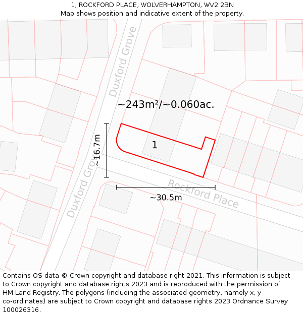 1, ROCKFORD PLACE, WOLVERHAMPTON, WV2 2BN: Plot and title map