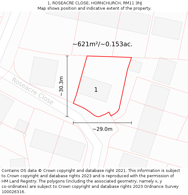 1, ROSEACRE CLOSE, HORNCHURCH, RM11 3NJ: Plot and title map