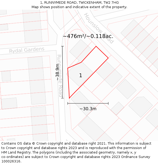 1, RUNNYMEDE ROAD, TWICKENHAM, TW2 7HG: Plot and title map