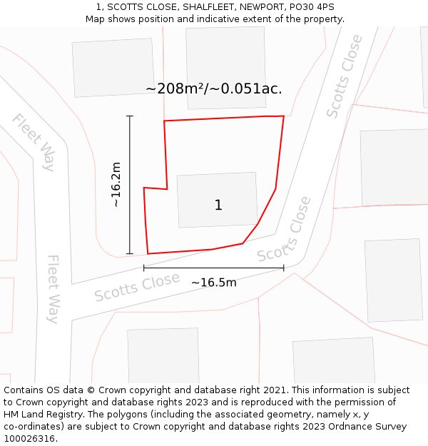 1, SCOTTS CLOSE, SHALFLEET, NEWPORT, PO30 4PS: Plot and title map