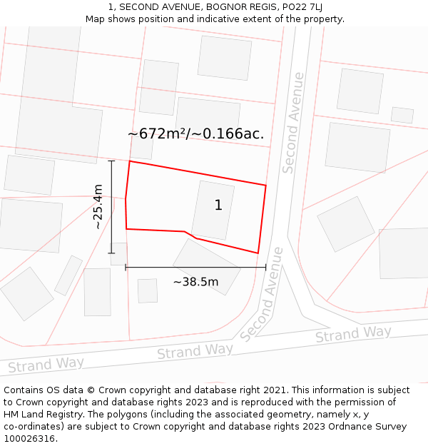 1, SECOND AVENUE, BOGNOR REGIS, PO22 7LJ: Plot and title map