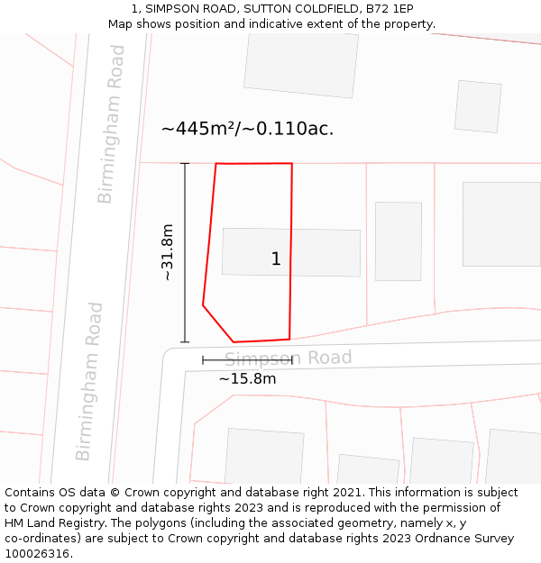 1, SIMPSON ROAD, SUTTON COLDFIELD, B72 1EP: Plot and title map