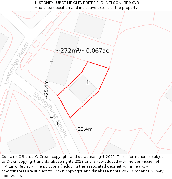 1, STONEYHURST HEIGHT, BRIERFIELD, NELSON, BB9 0YB: Plot and title map