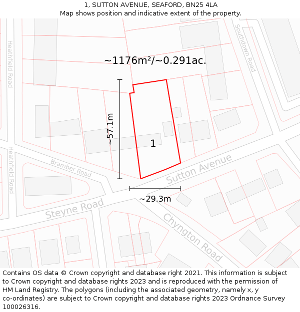 1, SUTTON AVENUE, SEAFORD, BN25 4LA: Plot and title map