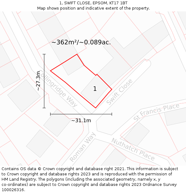 1, SWIFT CLOSE, EPSOM, KT17 1BT: Plot and title map