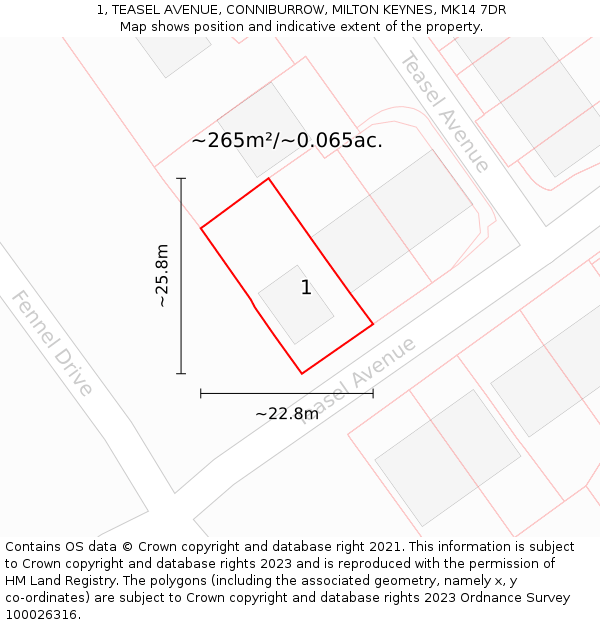 1, TEASEL AVENUE, CONNIBURROW, MILTON KEYNES, MK14 7DR: Plot and title map