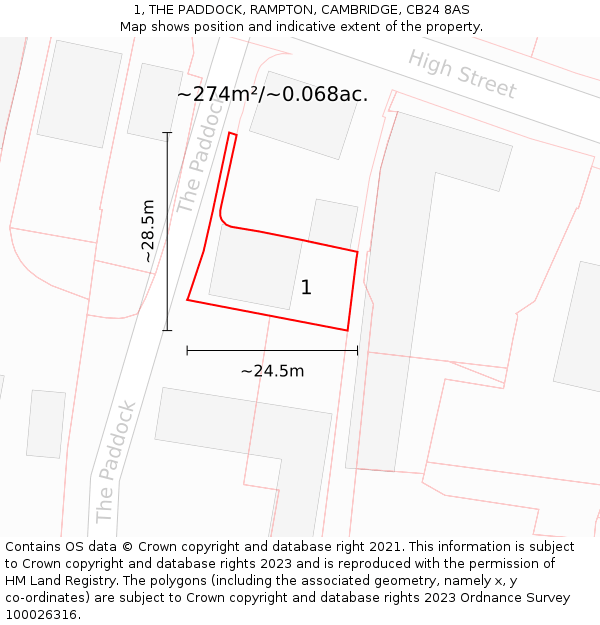 1, THE PADDOCK, RAMPTON, CAMBRIDGE, CB24 8AS: Plot and title map