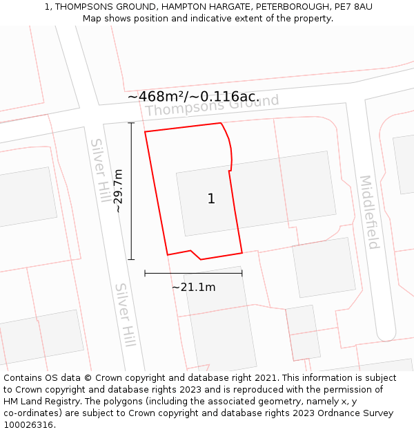 1, THOMPSONS GROUND, HAMPTON HARGATE, PETERBOROUGH, PE7 8AU: Plot and title map