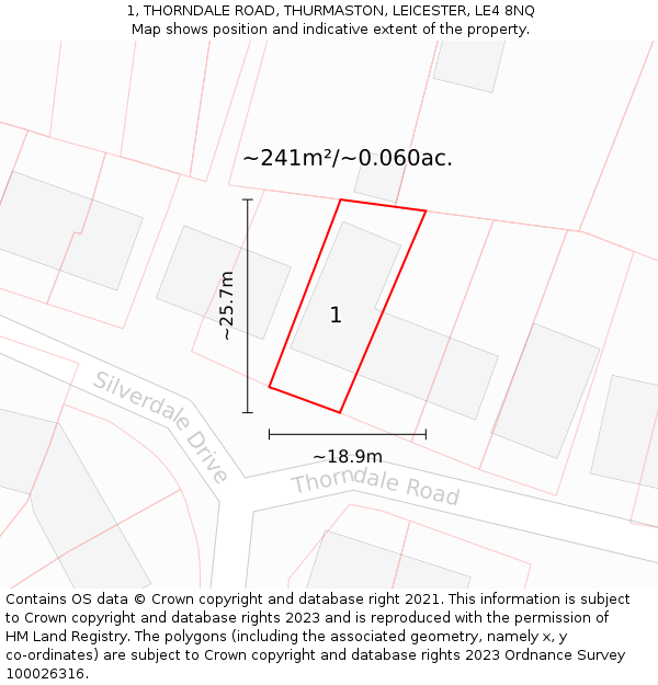 1, THORNDALE ROAD, THURMASTON, LEICESTER, LE4 8NQ: Plot and title map