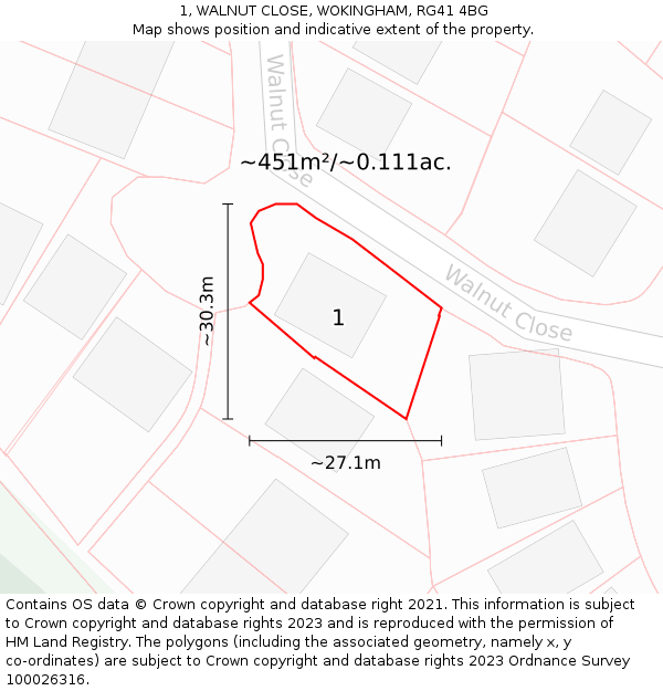 1, WALNUT CLOSE, WOKINGHAM, RG41 4BG: Plot and title map