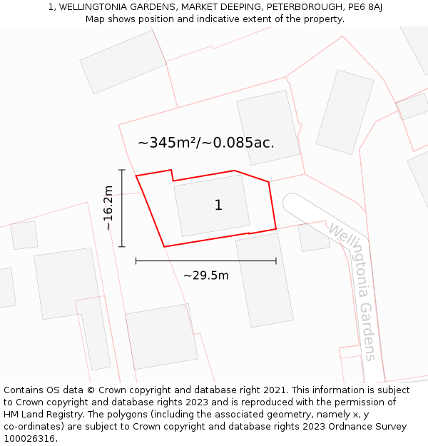 1, WELLINGTONIA GARDENS, MARKET DEEPING, PETERBOROUGH, PE6 8AJ: Plot and title map