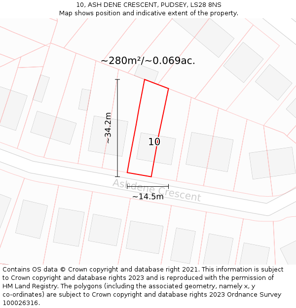 10, ASH DENE CRESCENT, PUDSEY, LS28 8NS: Plot and title map