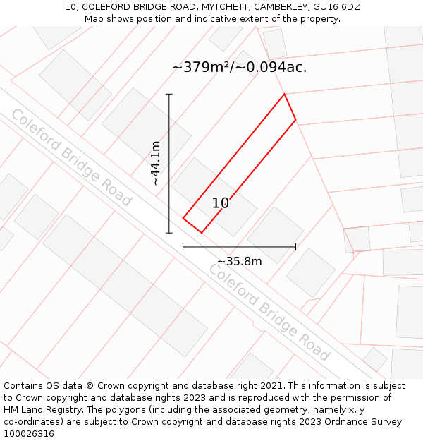10, COLEFORD BRIDGE ROAD, MYTCHETT, CAMBERLEY, GU16 6DZ: Plot and title map