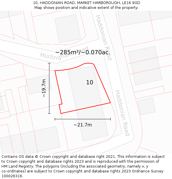 10, HADDONIAN ROAD, MARKET HARBOROUGH, LE16 9GD: Plot and title map