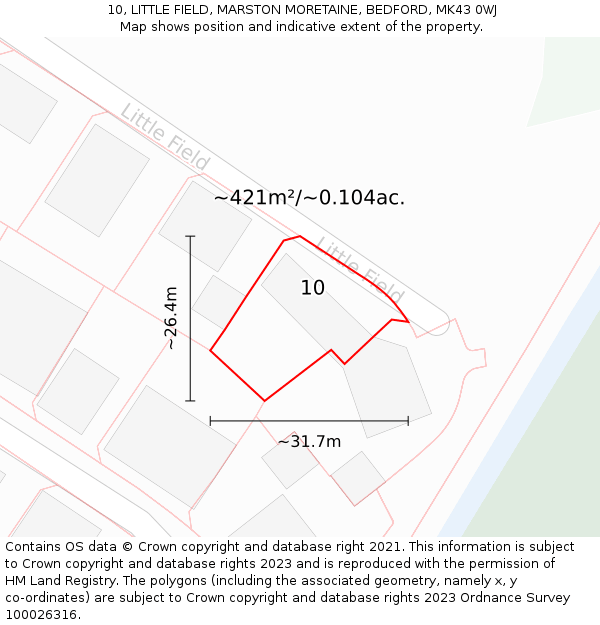 10, LITTLE FIELD, MARSTON MORETAINE, BEDFORD, MK43 0WJ: Plot and title map