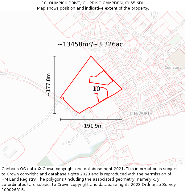 10, OLIMPICK DRIVE, CHIPPING CAMPDEN, GL55 6BL: Plot and title map