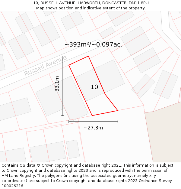 10, RUSSELL AVENUE, HARWORTH, DONCASTER, DN11 8PU: Plot and title map