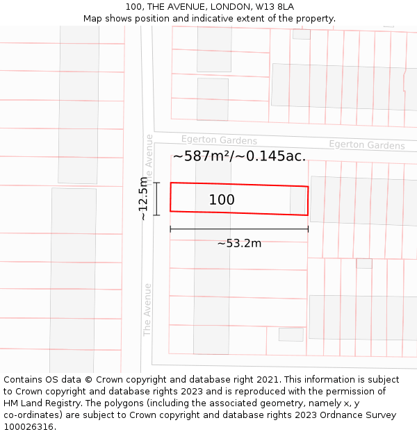 100, THE AVENUE, LONDON, W13 8LA: Plot and title map