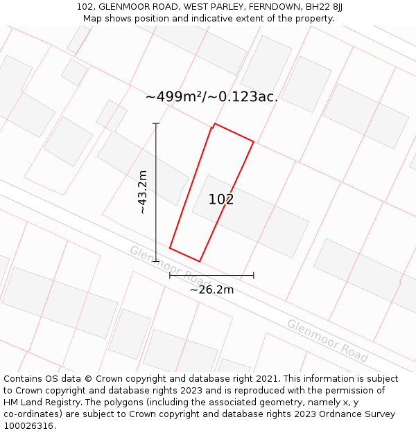 102, GLENMOOR ROAD, WEST PARLEY, FERNDOWN, BH22 8JJ: Plot and title map