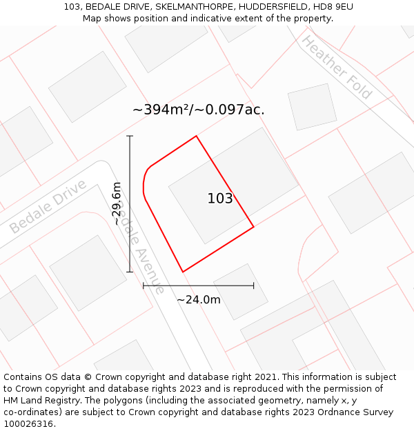 103, BEDALE DRIVE, SKELMANTHORPE, HUDDERSFIELD, HD8 9EU: Plot and title map