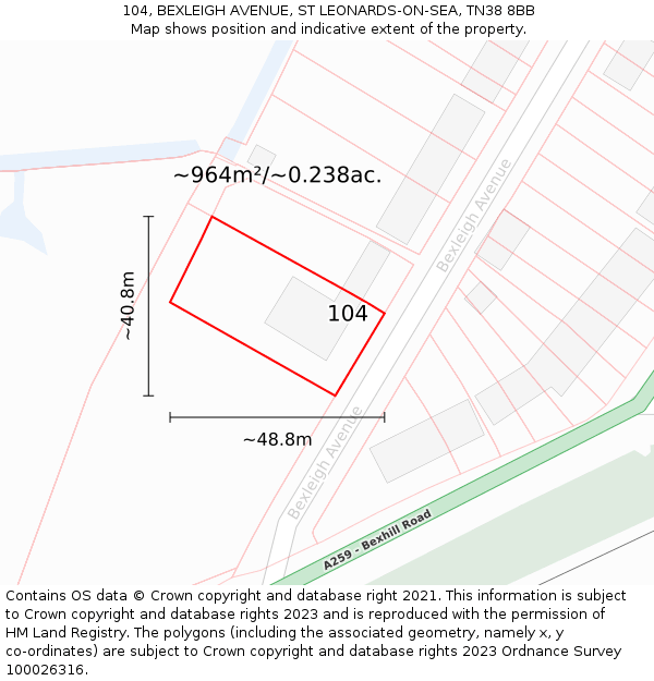 104, BEXLEIGH AVENUE, ST LEONARDS-ON-SEA, TN38 8BB: Plot and title map