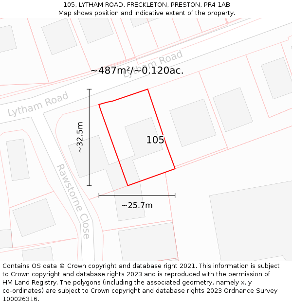 105, LYTHAM ROAD, FRECKLETON, PRESTON, PR4 1AB: Plot and title map