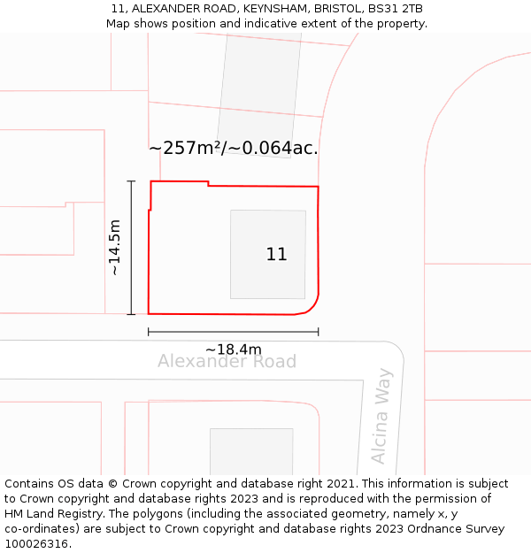 11, ALEXANDER ROAD, KEYNSHAM, BRISTOL, BS31 2TB: Plot and title map