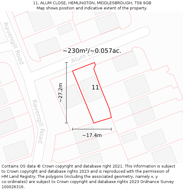 11, ALUM CLOSE, HEMLINGTON, MIDDLESBROUGH, TS8 9GB: Plot and title map