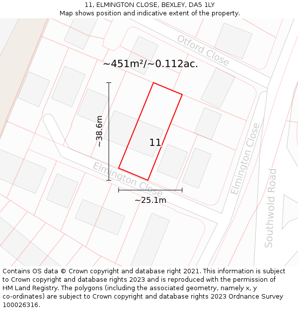 11, ELMINGTON CLOSE, BEXLEY, DA5 1LY: Plot and title map