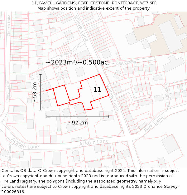 11, FAVIELL GARDENS, FEATHERSTONE, PONTEFRACT, WF7 6FF: Plot and title map