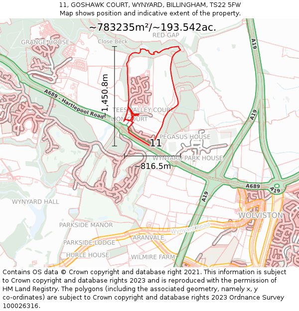 11, GOSHAWK COURT, WYNYARD, BILLINGHAM, TS22 5FW: Plot and title map