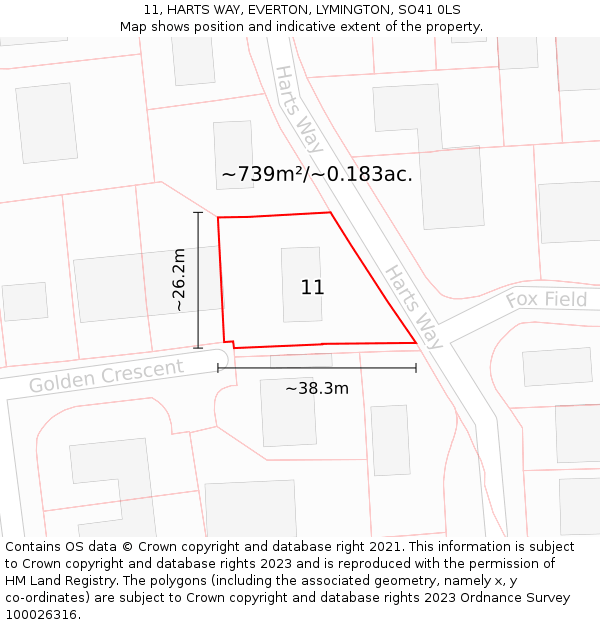 11, HARTS WAY, EVERTON, LYMINGTON, SO41 0LS: Plot and title map