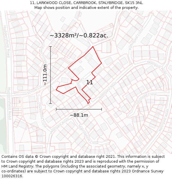 11, LARKWOOD CLOSE, CARRBROOK, STALYBRIDGE, SK15 3NL: Plot and title map