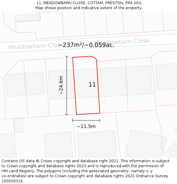 11, MEADOWBARN CLOSE, COTTAM, PRESTON, PR4 0AG: Plot and title map